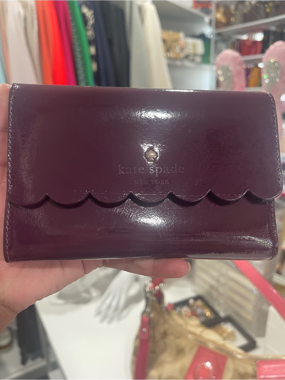kate spade patent scallop flap wallet in deep plum